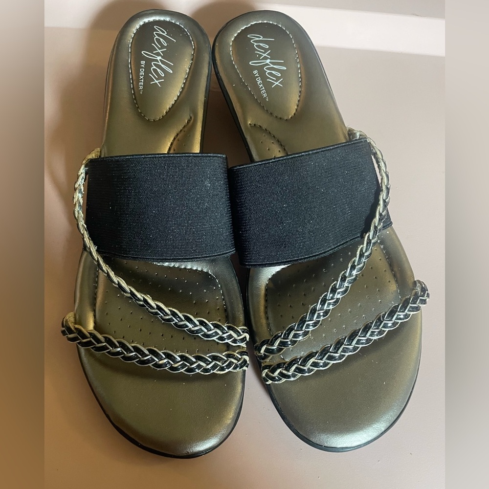 Dexflex Comfort Black Slide Sandals with Braided Trim Womens Size 8.5